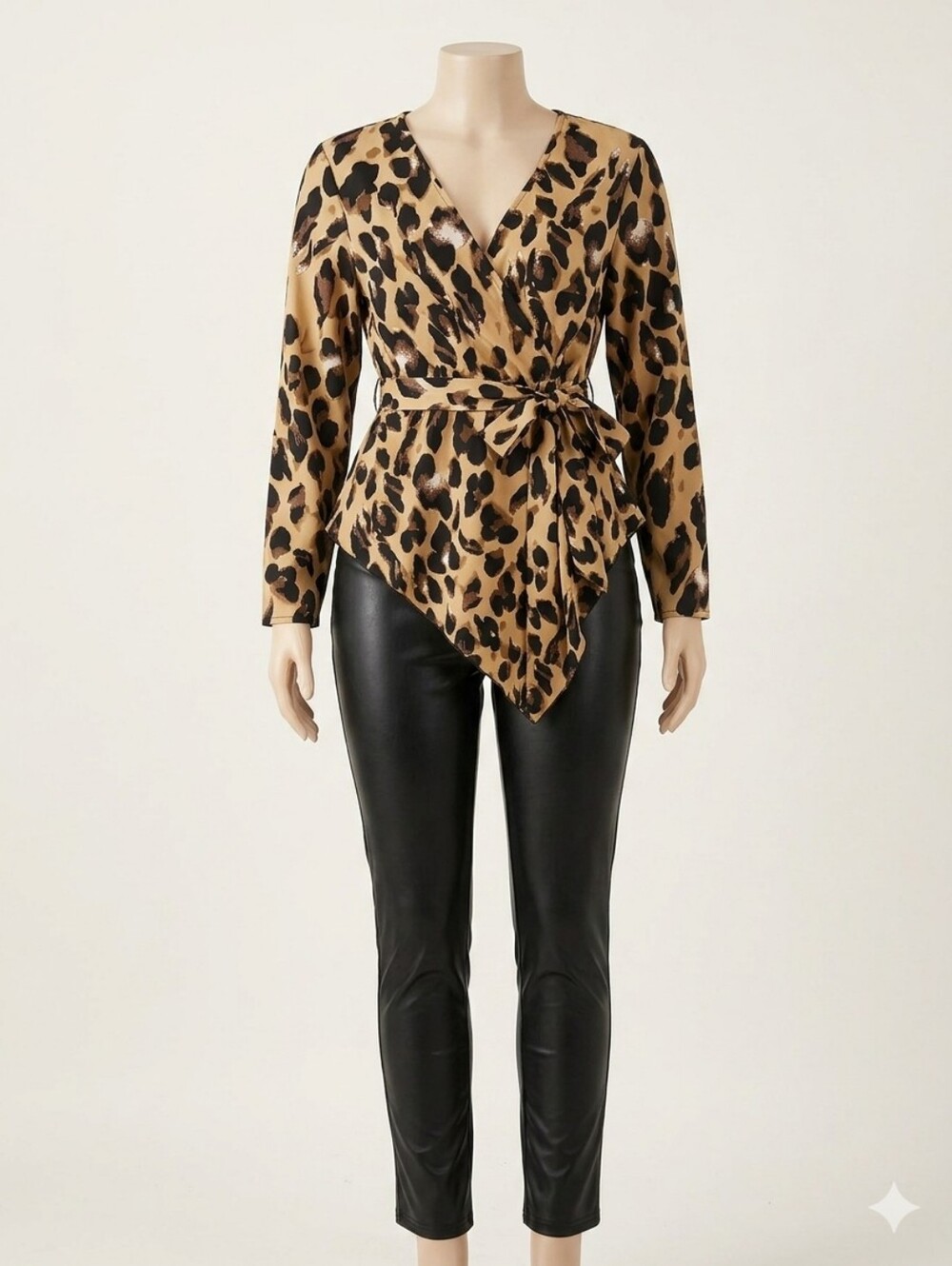 SHEIN Leopard Print Long Sleeve Asymmetrical Wrap Blouse XL